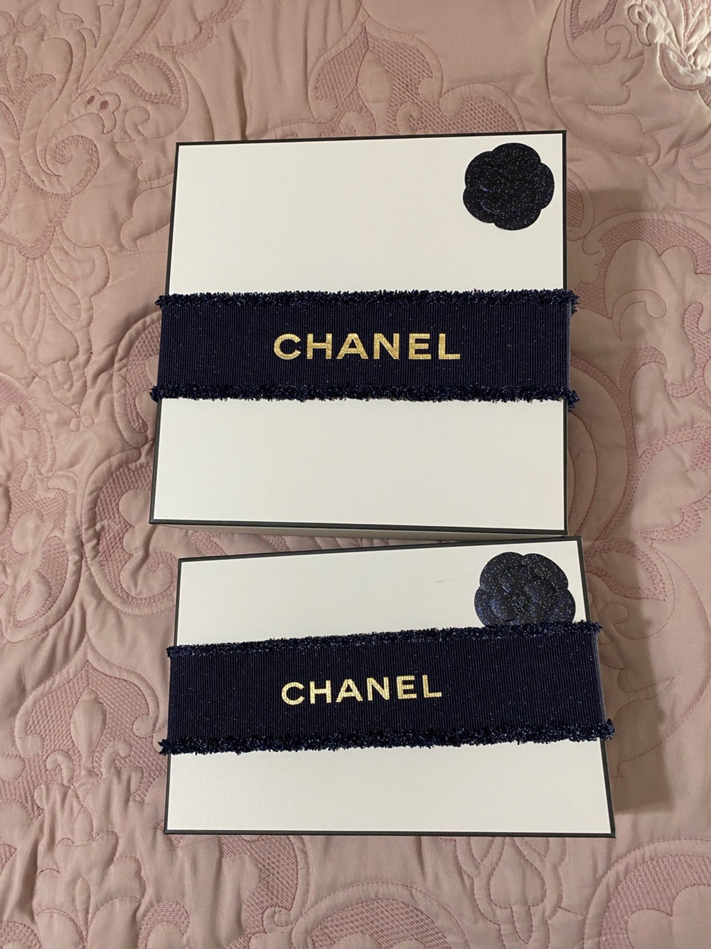 CHANEL White Boxes w black Ribbon and Gold Logo